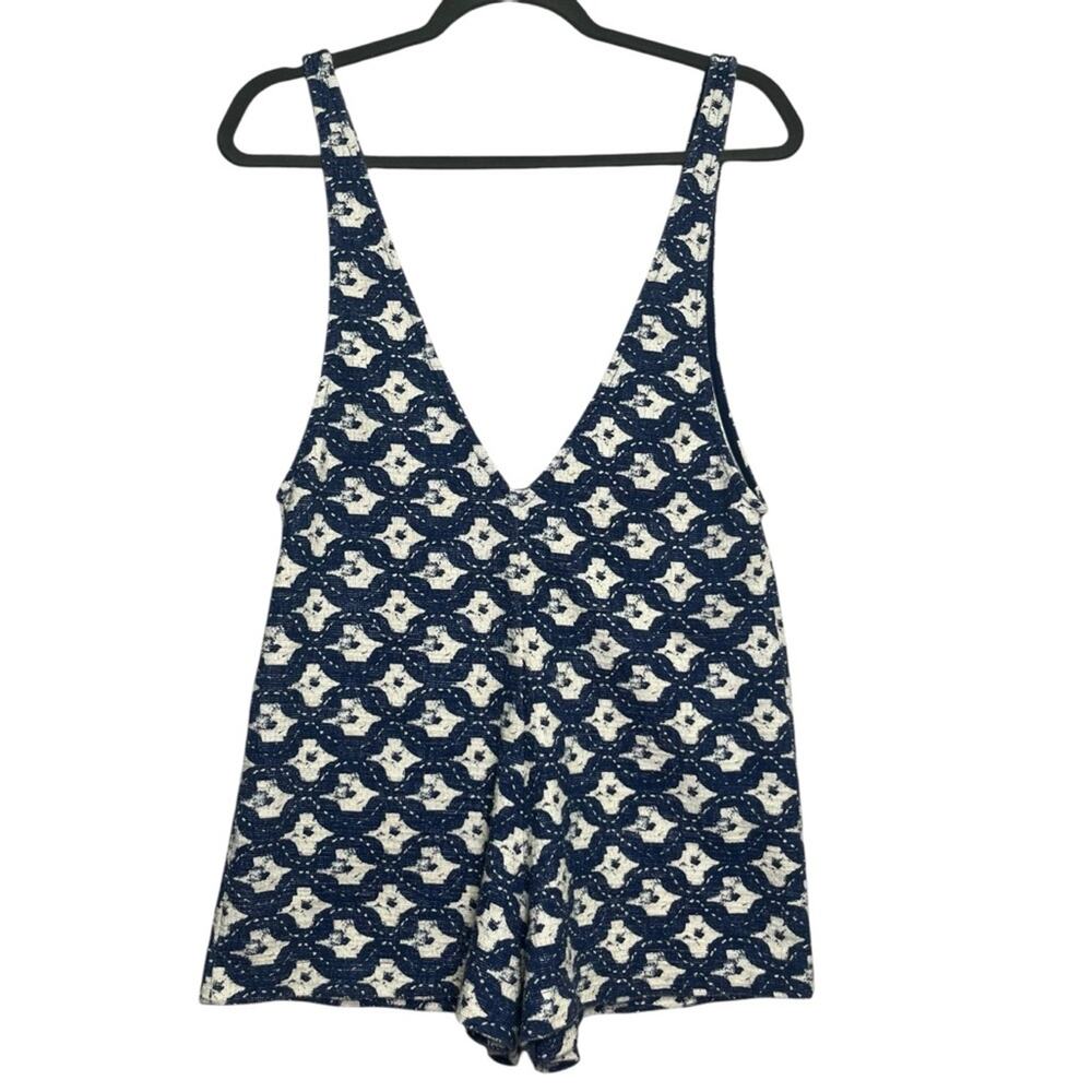 ZARA Trafaluc Size Small 1 Piece Blue White Sleeveless Deep V Neck Romper Summer